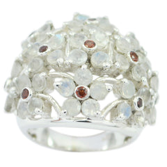 Gabriela floral white gemstone ring sterling silver dome design with moonstone petals and garnet centers