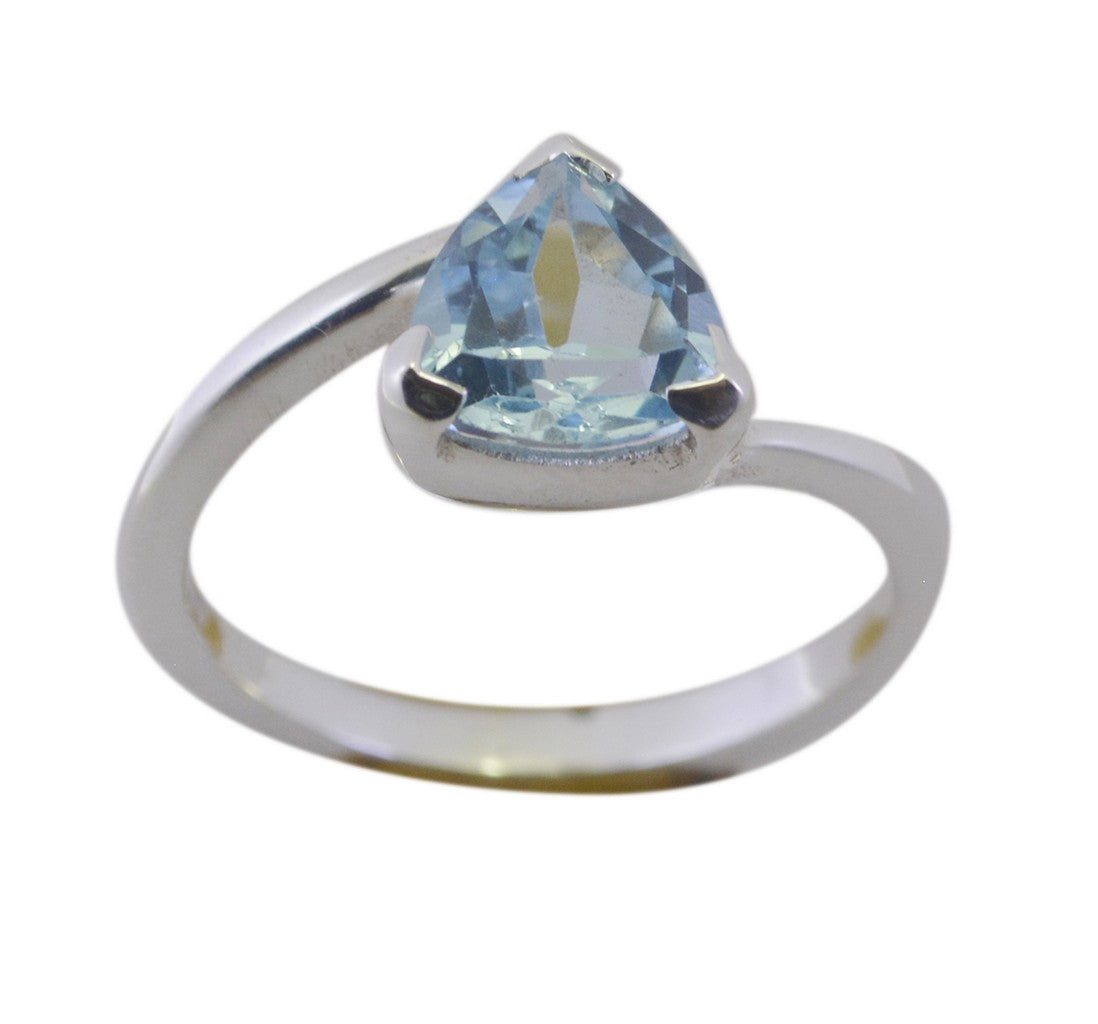Cecilia geometric blue solitaire ring with triangular blue gemstone on silver band