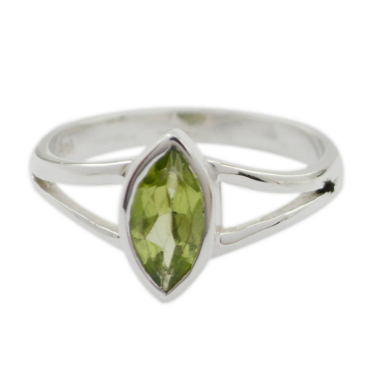 Mei geometric green solitaire ring with marquise-cut green gemstone and silver band