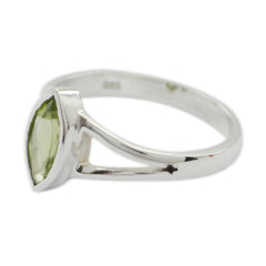 Mei geometric green solitaire ring with silver band and marquise green gemstone