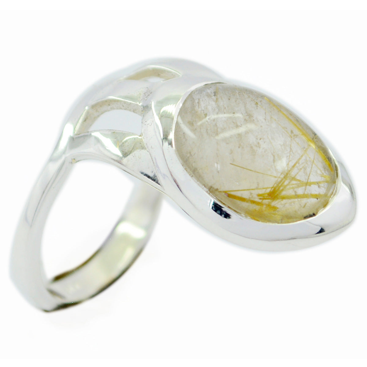Silver ring featuring a clear gemstone with golden inclusions styled as a golden solitaire ring for women