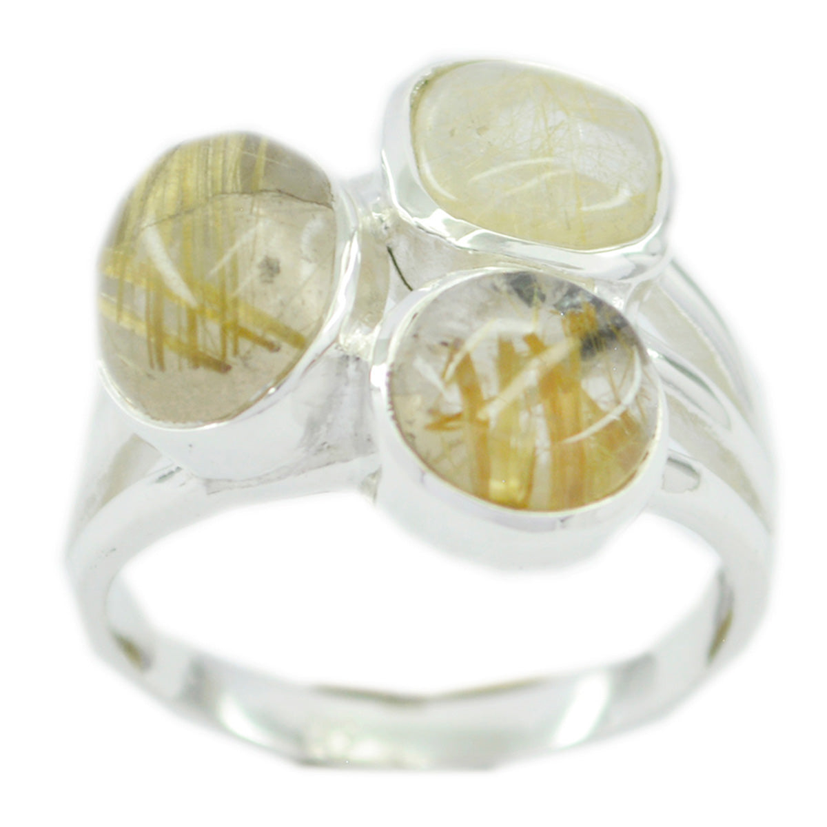Maria golden trilogy gemstone ring with three golden rutilated quartz stones set in silver band