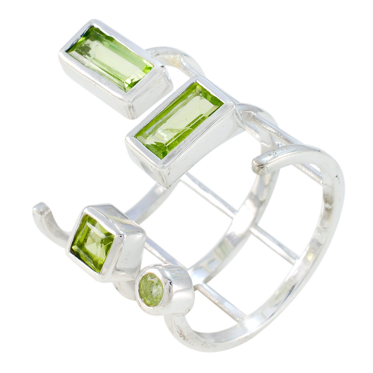 Liyana green gemstone adjustable ring with multiple rectangular and round green stones in silver setting