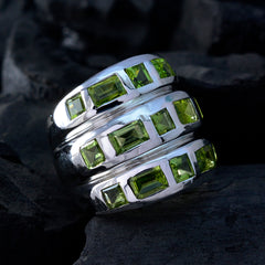 Sofia green gemstone cocktail ring with multiple rectangular green stones set in silver band