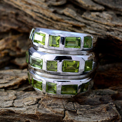 Sofia green gemstone cocktail ring with rectangular green stones set in polished silver band