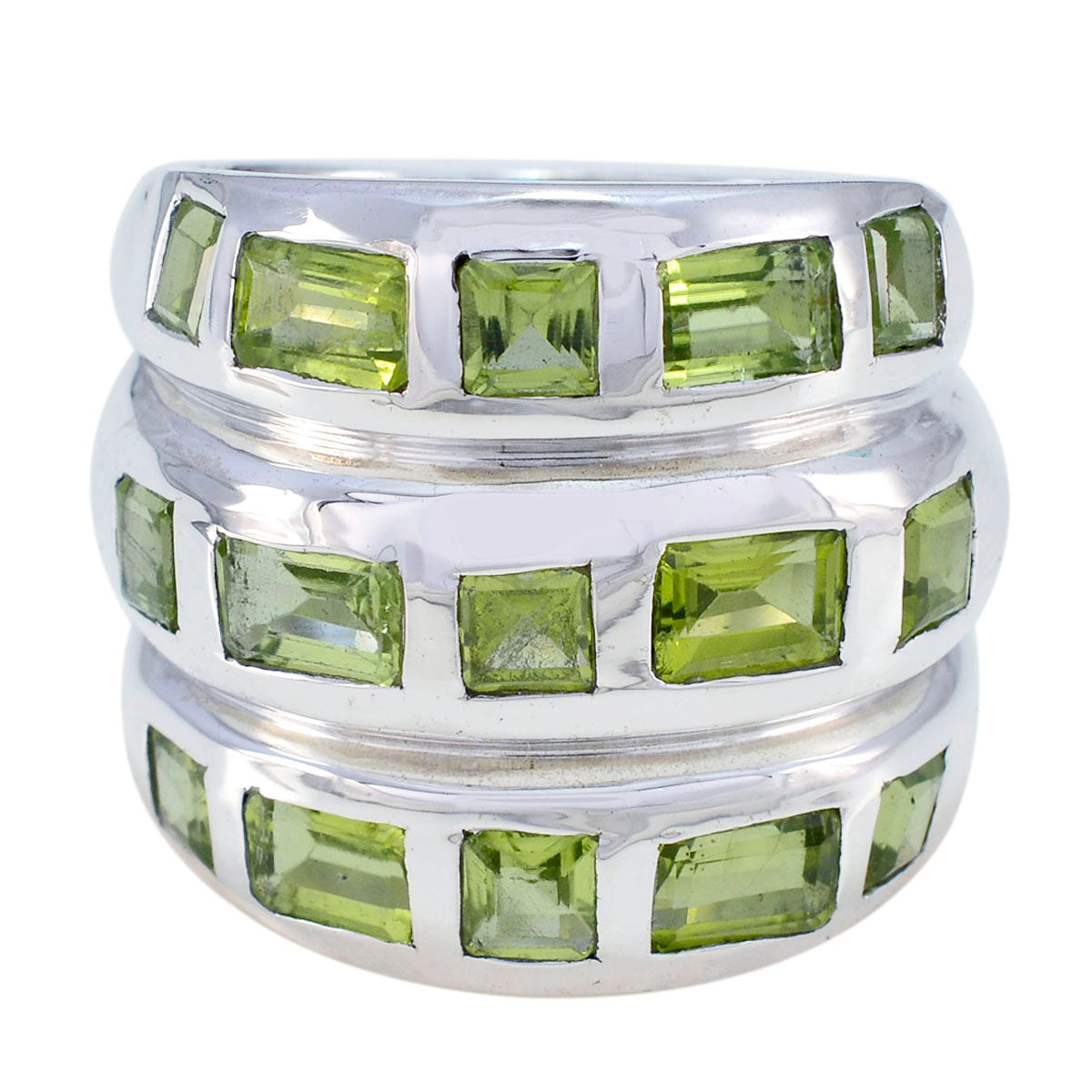 Sofia green gemstone cocktail ring with rectangular green stones set in silver bands