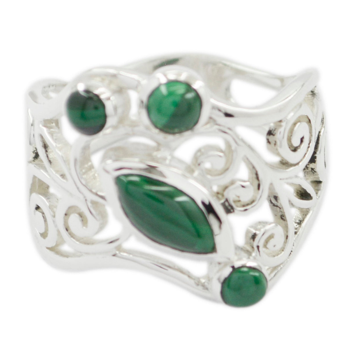 Isabella silver green gemstone filigree ring with marquise center stone round accents and scrollwork band