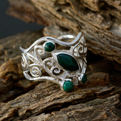 Isabella silver green gemstone filigree ring with marquise and round green stones on ornate vine band