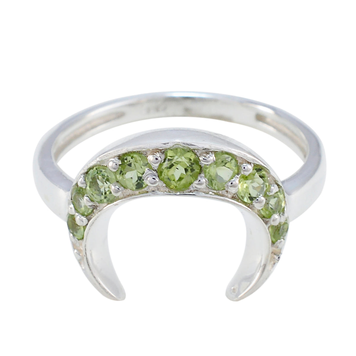 Rina green gemstone ring featuring multiple round green stones set in a silver crescent design
