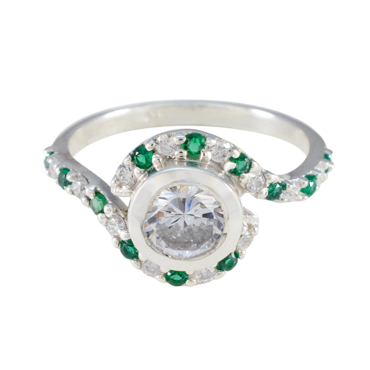 Ying green gemstone ring for women with silver band and sparkling green and clear stones