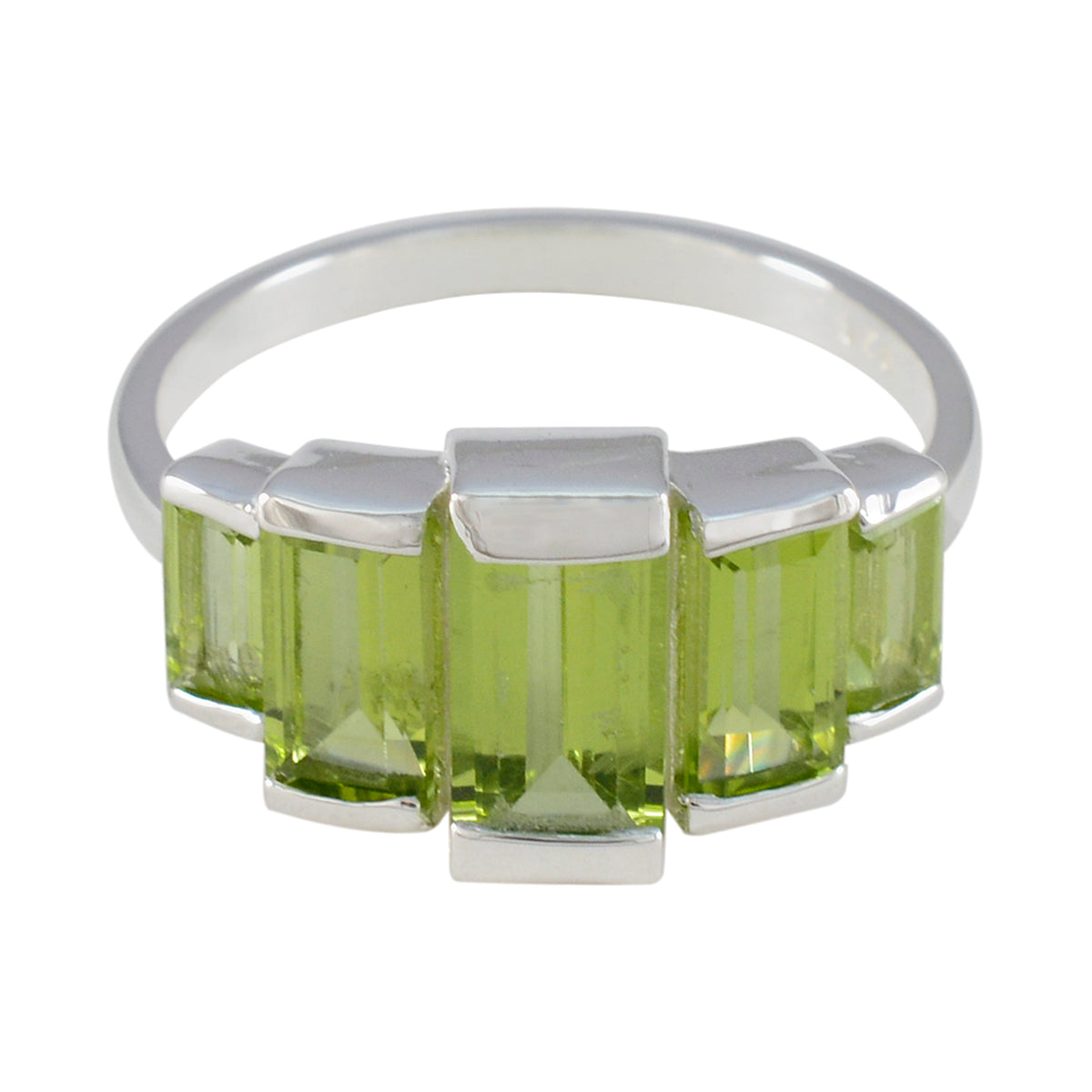 Eva silver band ring with five rectangular peridot stones green gemstone ring for women in modern bezel setting
