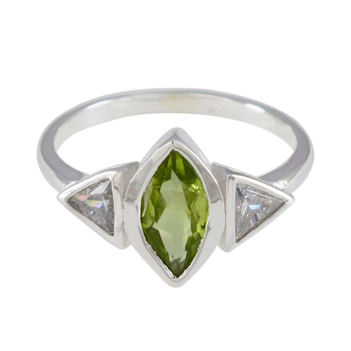 Putri green gemstone ring for women with marquise cut green center stone and two triangular clear stones