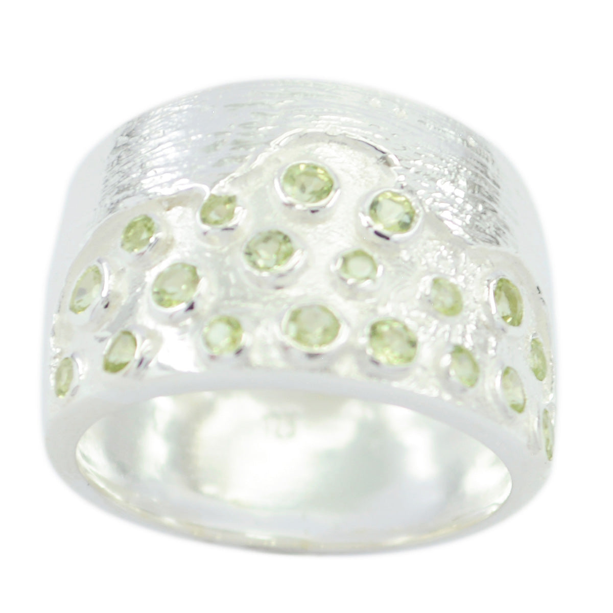 Angel silver ring featuring multiple small green gemstones in a green gemstone signet ring design