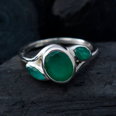 Silver green gemstone statement ring with three polished oval green stones by Priya