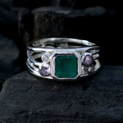 Hannah sterling silver stack ring with square green center and amethyst accents green gemstone statement ring