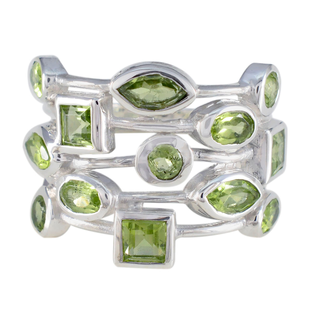 Julieta silver ring with multiple green gemstones green gemstone statement ring in various shapes