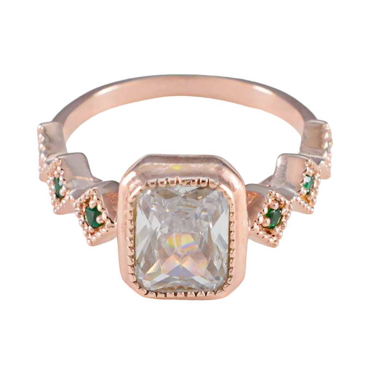 Hannah rose gold ring with clear center stone and small green gemstones green gemstone statement ring