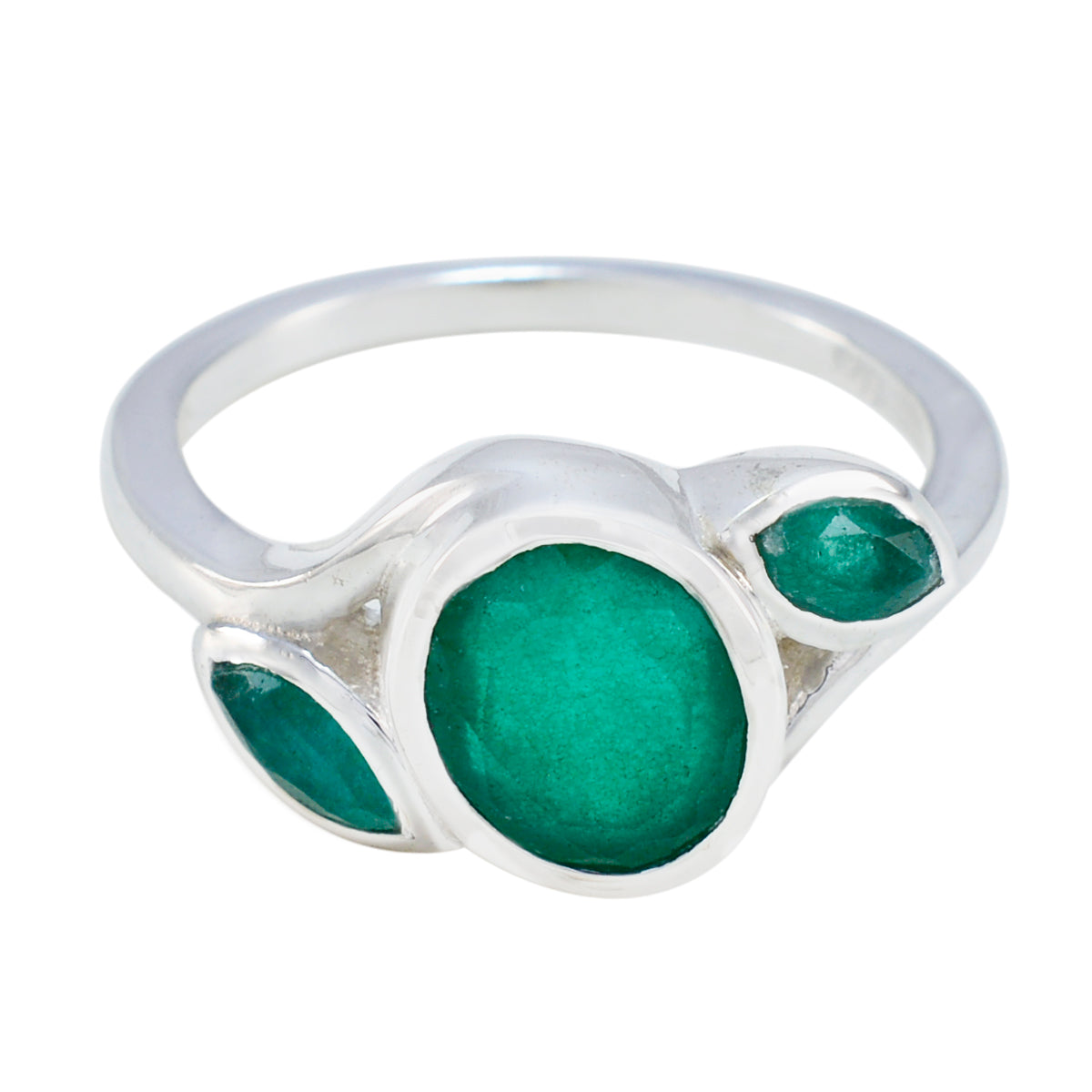 Priya silver ring featuring a green gemstone statement ring design with three green stones
