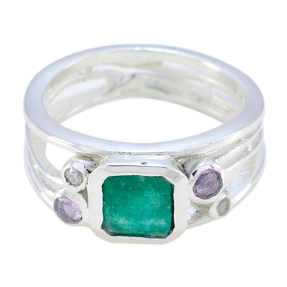 Hannah sterling silver ring with rough square emerald and amethyst accents green gemstone statement ring