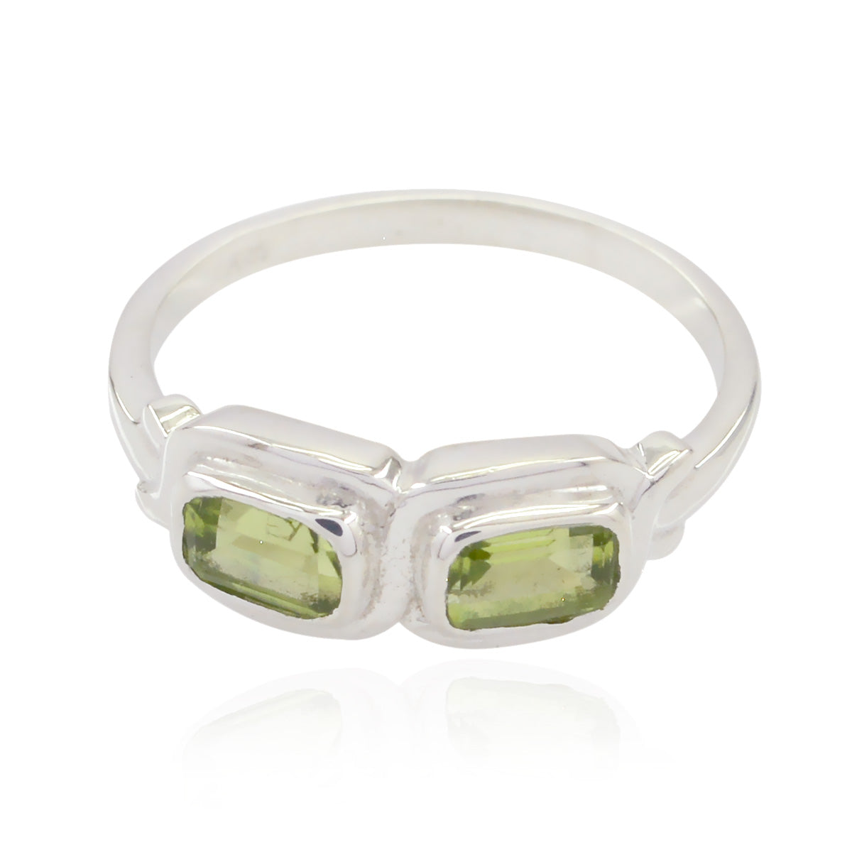 Siti silver ring featuring two rectangular green gemstones in a green gemstone toi et moi ring design