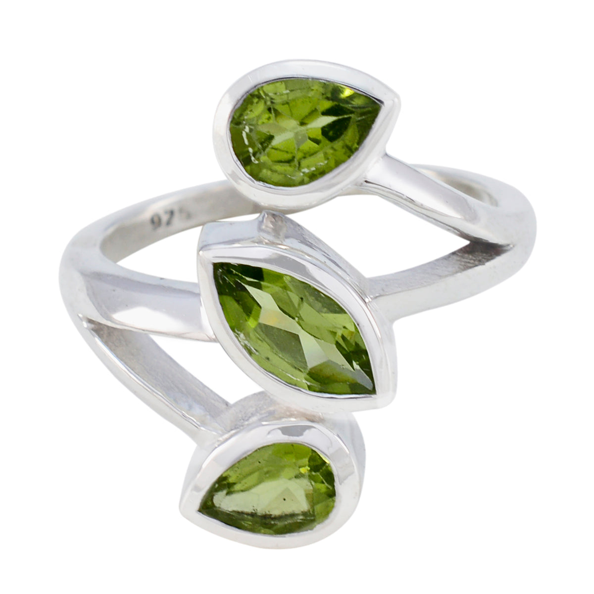 Mariana green gemstone trilogy ring sterling silver open wrap with three peridot stones