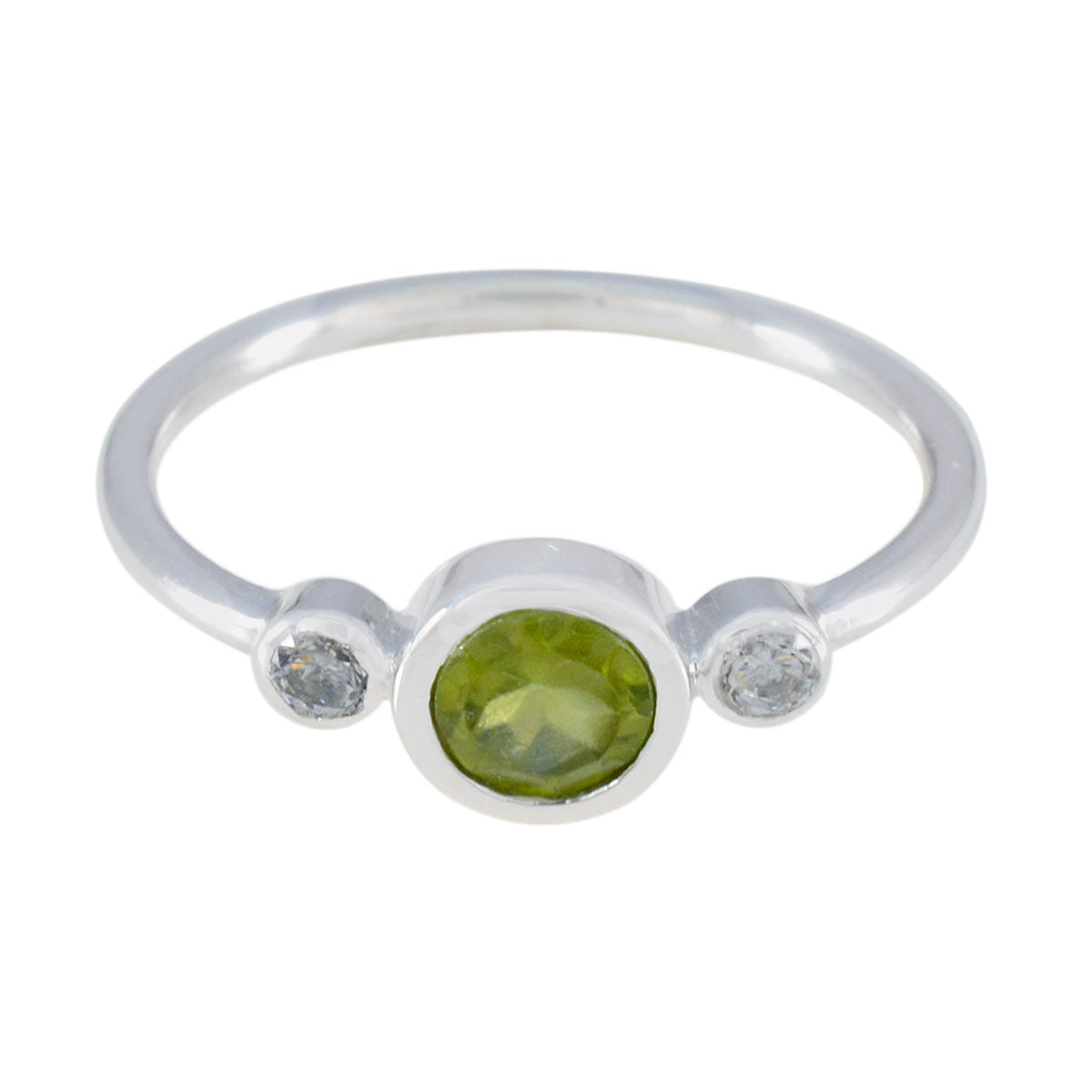 Lakshmi green gemstone trilogy ring silver band bezel set round peridot center with two small white side stones
