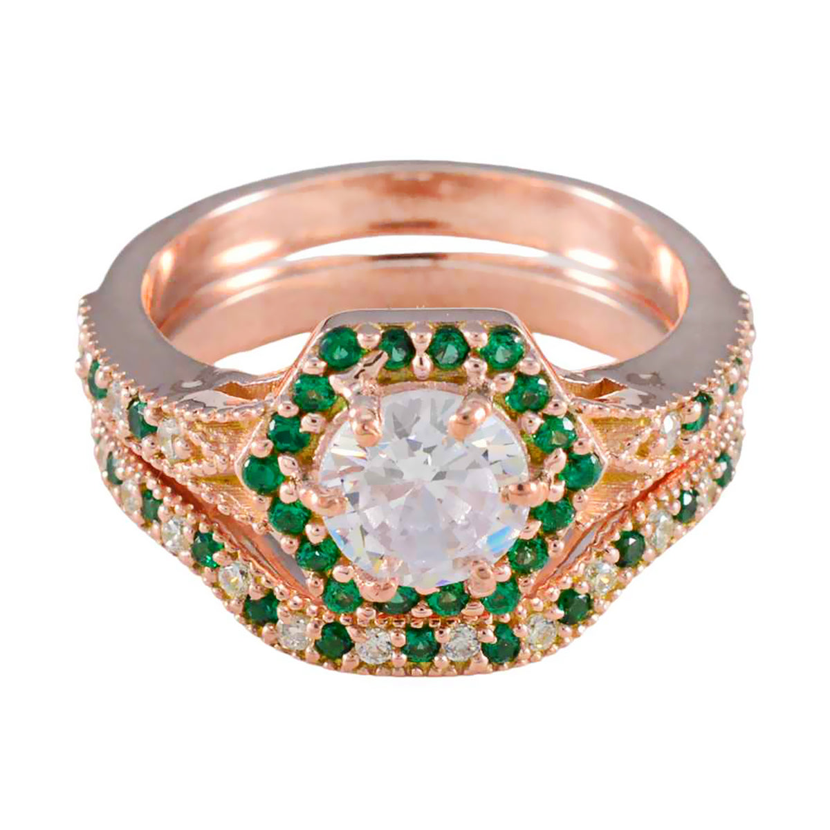 Emily Green Halo Engagement Ring Rose Gold Sparkle Emerald CZ Green