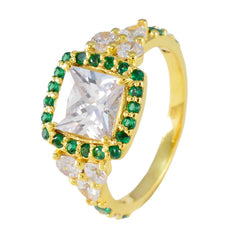 Chen gold ring with square center stone and green halo engagement ring design