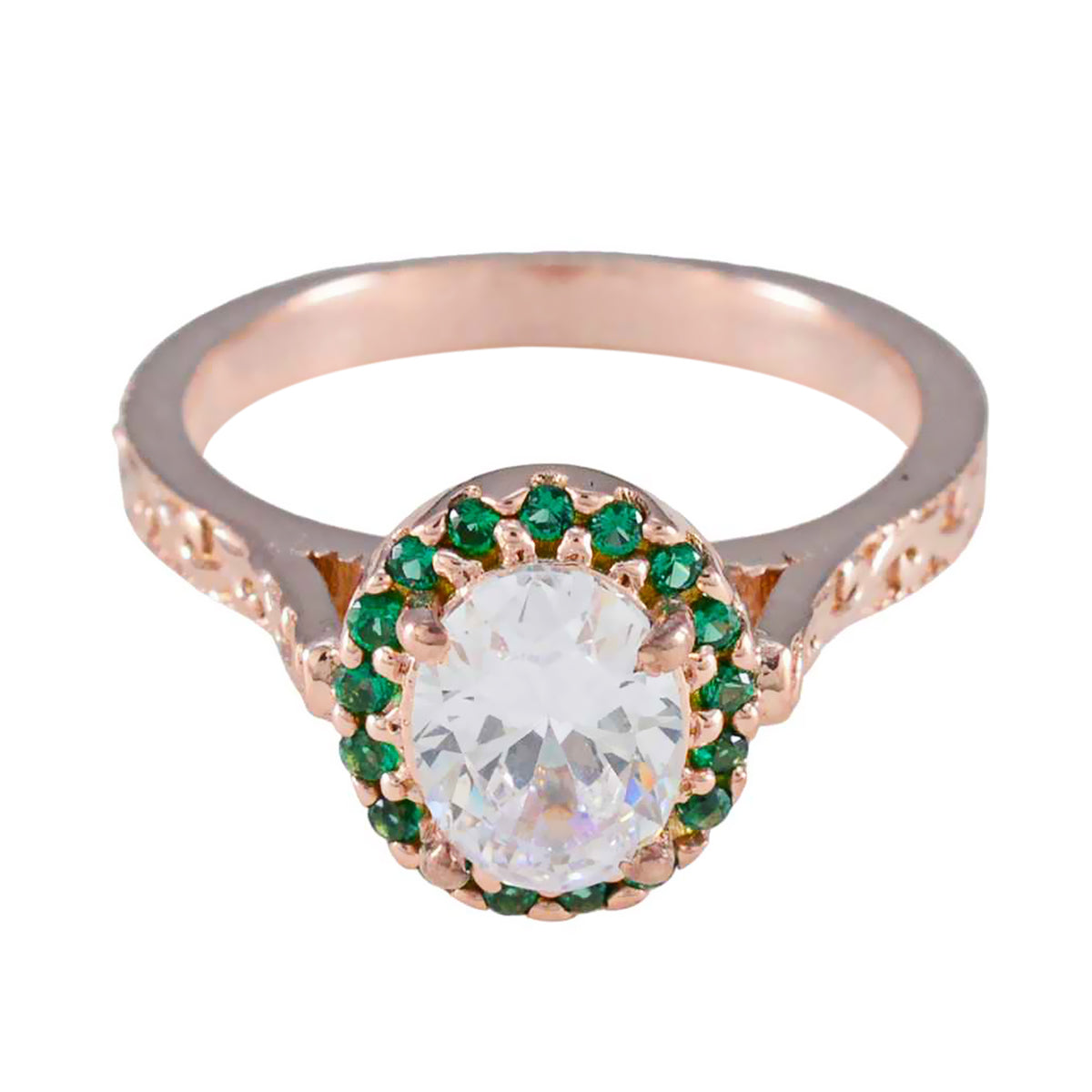 Putri green halo gemstone ring with rose gold band and large clear center stone surrounded by small green gemstones