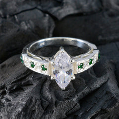 Pauline green halo ring for women with marquise clear center stone and green accent gems on silver band