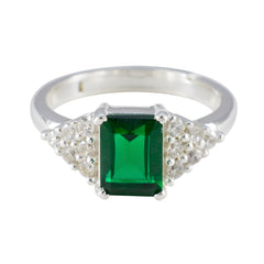 Sarah green halo ring for women with square green gemstone and silver band with side accents