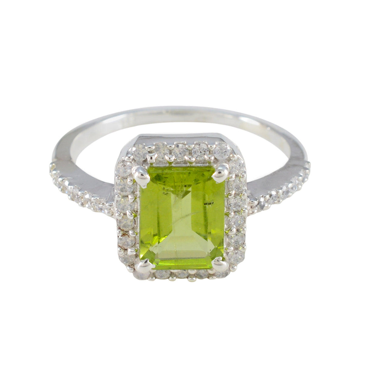 Skylar green halo ring for women with emerald cut green gemstone and diamond accents