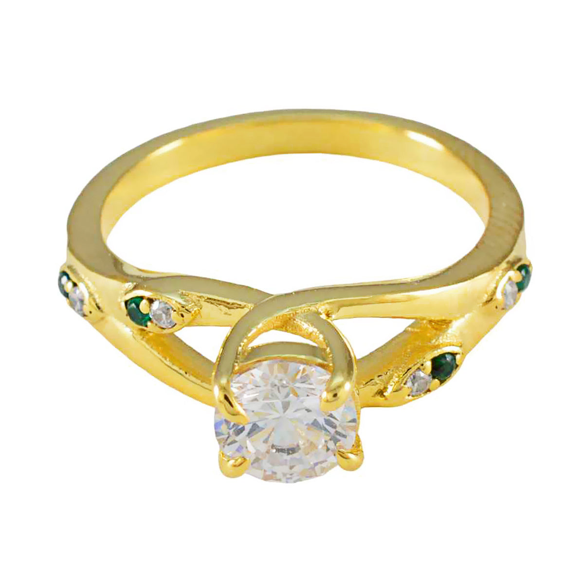 Meera gold ring with white center stone and small green accents green halo ring for women