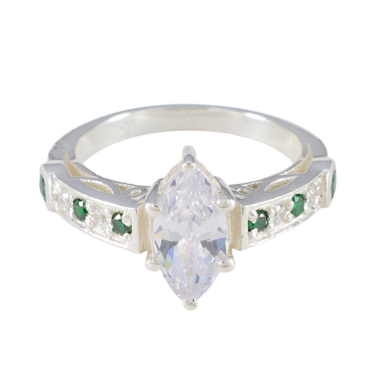 Pauline green halo ring for women with marquise clear center stone and small green and white accent stones