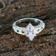 Pauline silver green halo ring for women featuring a marquise clear center stone and small green stones on band