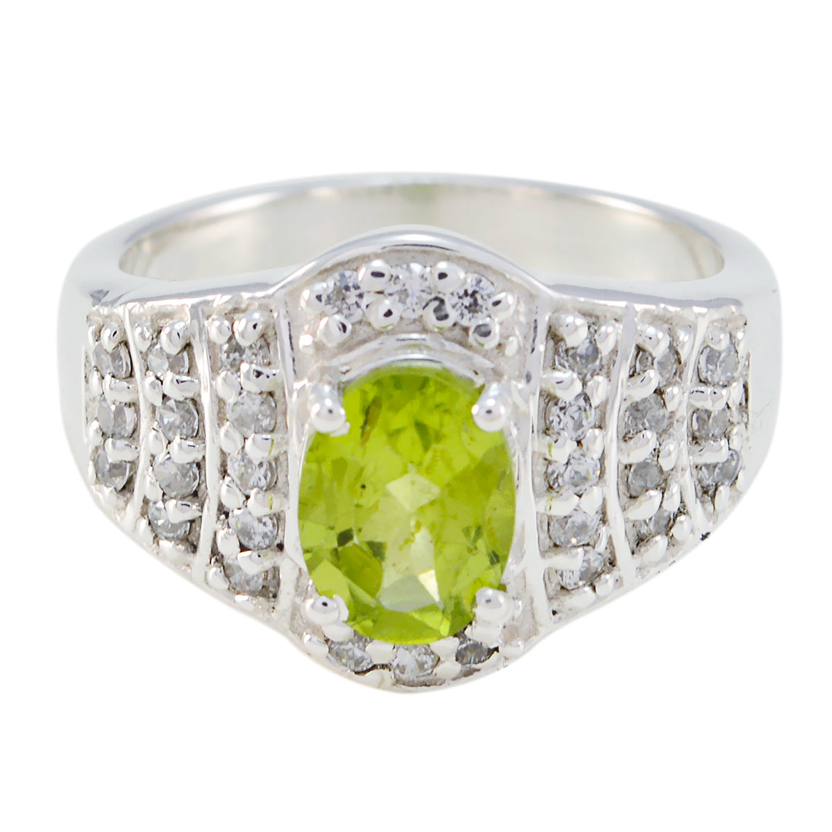 Isadora green halo ring for women sterling silver peridot center with pave white stones