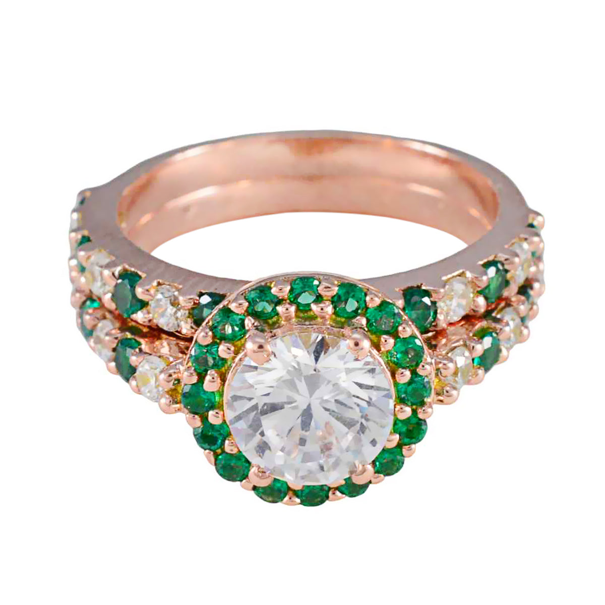Hye-jin Green Halo Ring for Women with Rose Gold Emerald CZ Green