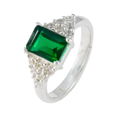 Sarah green halo ring for women with rectangular green gemstone and silver band