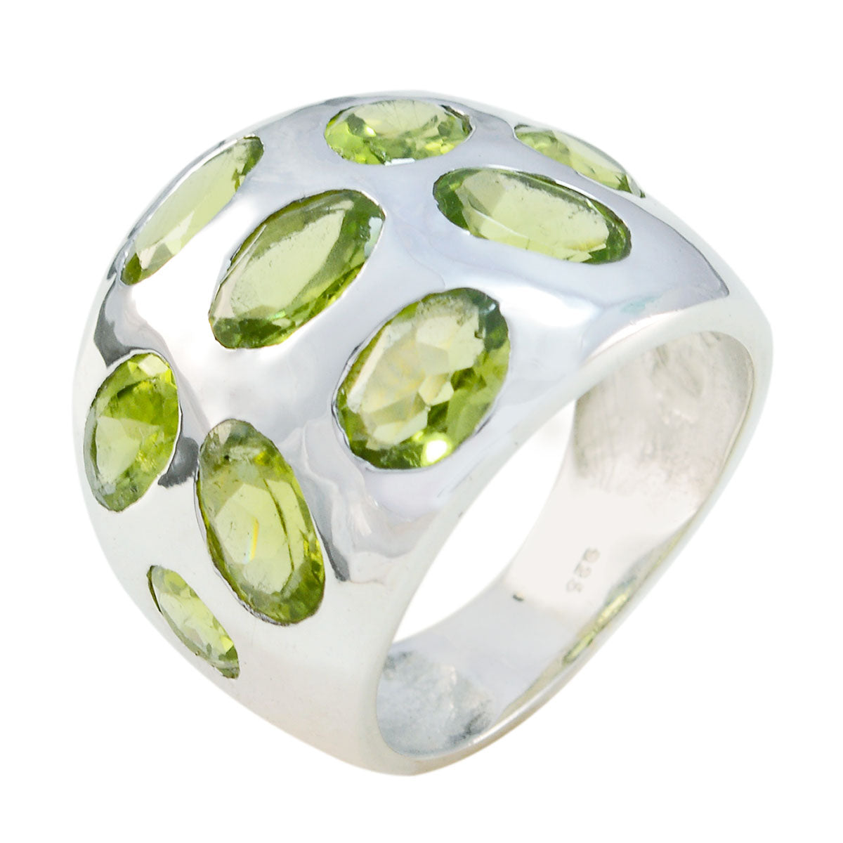Camila silver ring with multiple oval green stones featuring green navratna ring design