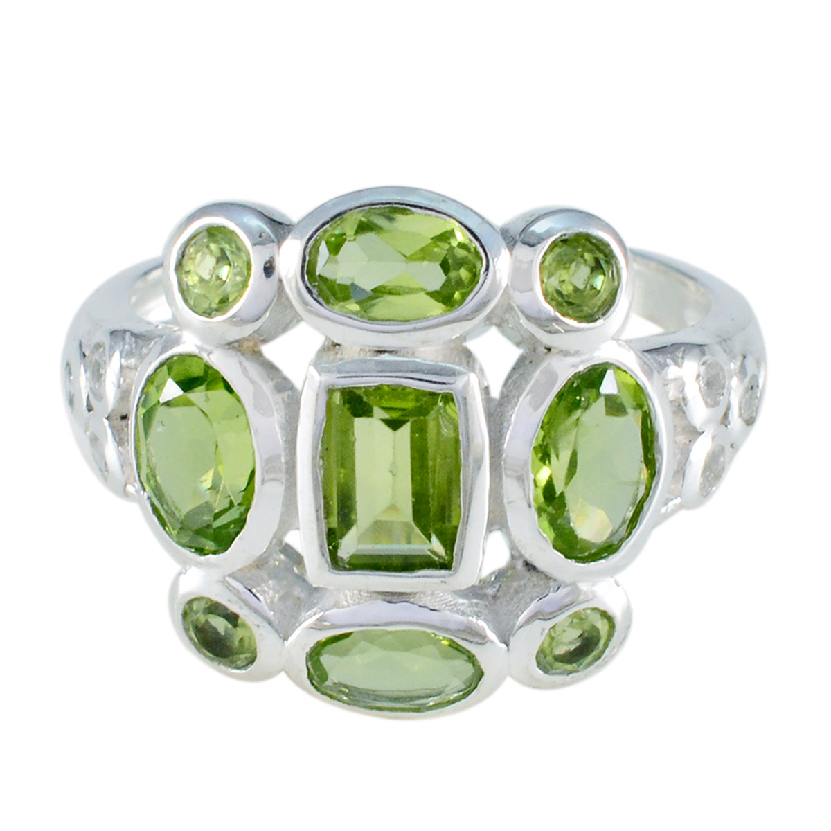Lourdes sterling silver green navratna ring with multiple oval and rectangular peridot gemstones