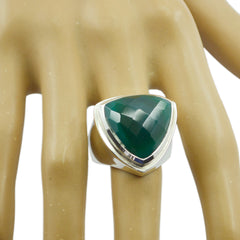 Fernanda green solitaire cocktail ring with large faceted triangular green stone on silver band