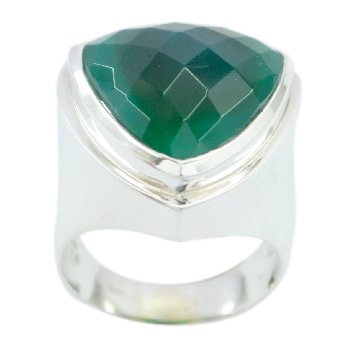Fernanda green solitaire cocktail ring with a large faceted triangular green gemstone set in silver band