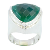Fernanda green solitaire cocktail ring with a large faceted triangular green gemstone set in silver band