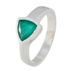 Violet green solitaire ring with triangular green gemstone set in polished silver band