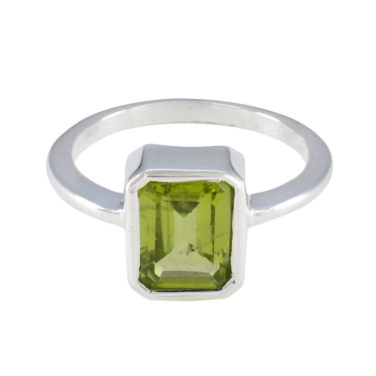 Jia Green Solitaire Ring with Emerald Cut Gemstone Peridot Green