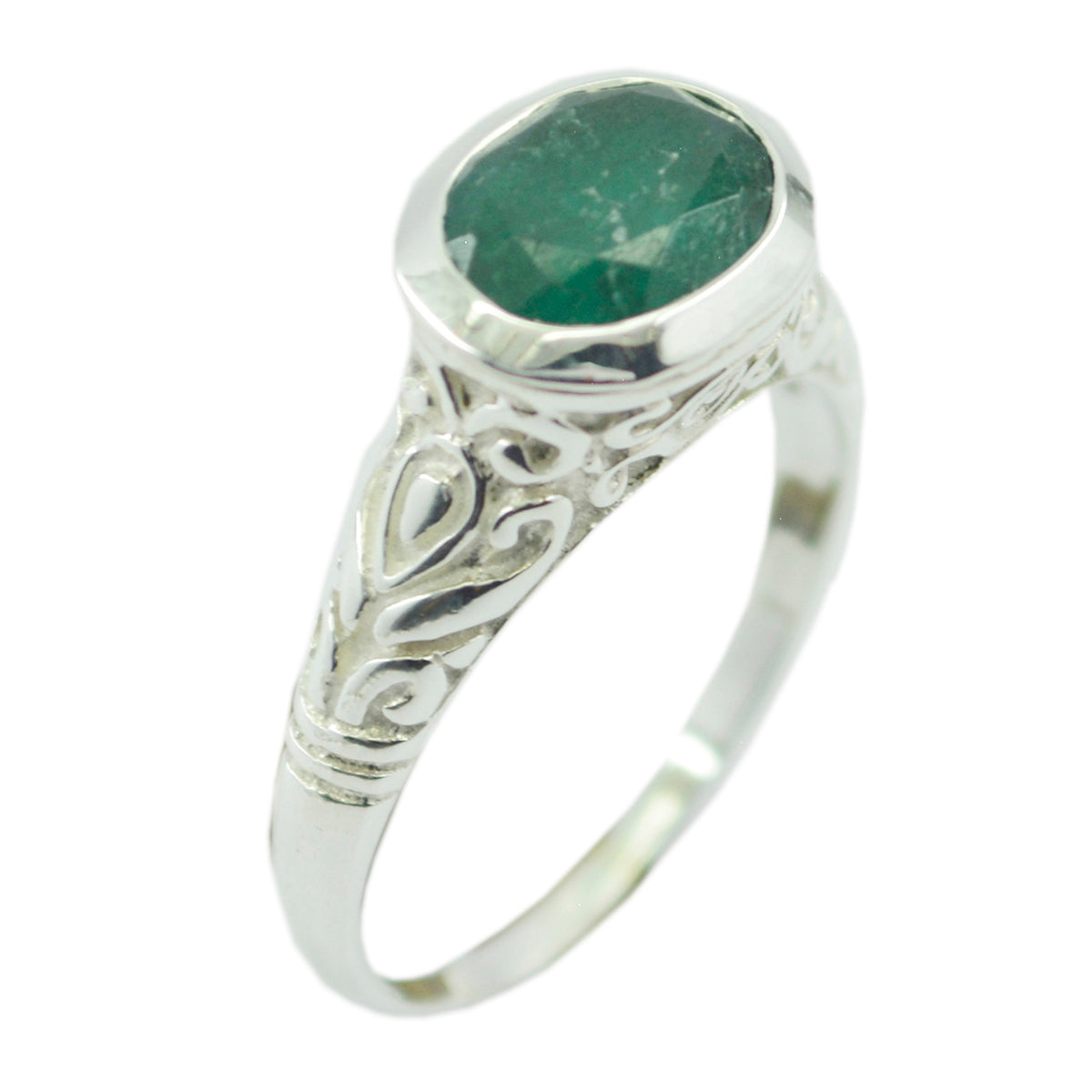 Siti Green Solitaire Ring with Vintage Silver Design Indian Emerald Green