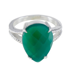 Sophia green solitaire ring with pear-shaped faceted green stone set in silver band