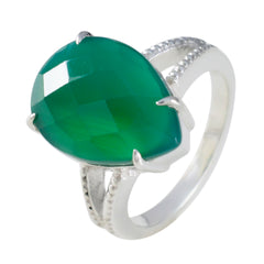 Sophia green solitaire ring with pear-shaped green gemstone and silver band detailing