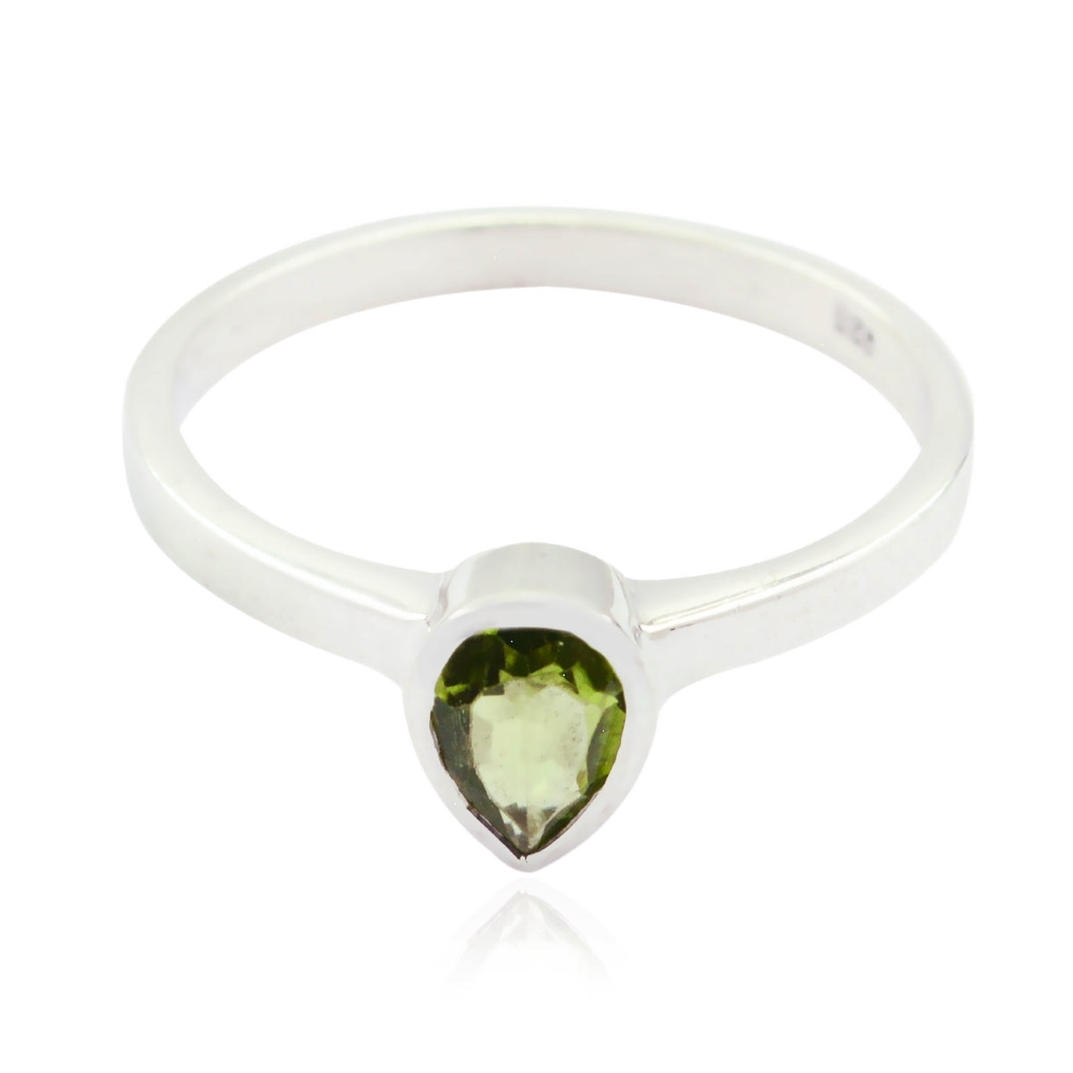 Olivia green solitaire ring with teardrop shaped gemstone and silver band