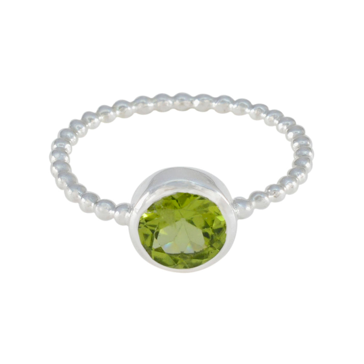 Wen Green Solitaire Ring with Silver Beaded Band Peridot Green